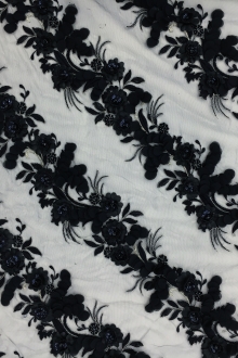 Beaded Flower Appliqués in Diagonal Rows on Embroidered Tulle0