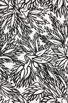Printed Silk Gazar with Sketched Black and White Leaves0