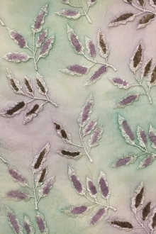 Crinkled Tie Dyed Silk Organza Embroidered with Leaves0
