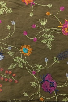 Silk Shantung with Embroidered Floral Paterns on Vines0
