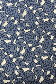 Embroidered Cut Out Polyester Organza with Rose Pattern in Navy0