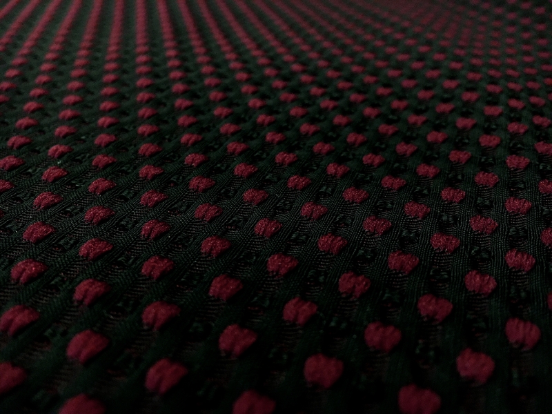 Polyester Swiss Dot Brocade with Maroon Dots0