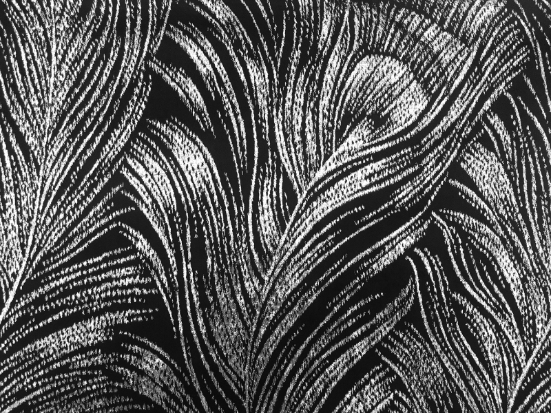 Silk Lurex Panne Velvet with Peacock Feather Motif in Black Silver0