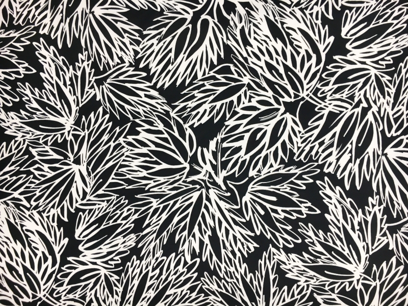 Printed Cotton Viscose Faille with Sketched Black and White Leaves0