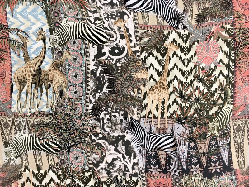 Printed Silk Crepe de Chine with Safari Scenes0