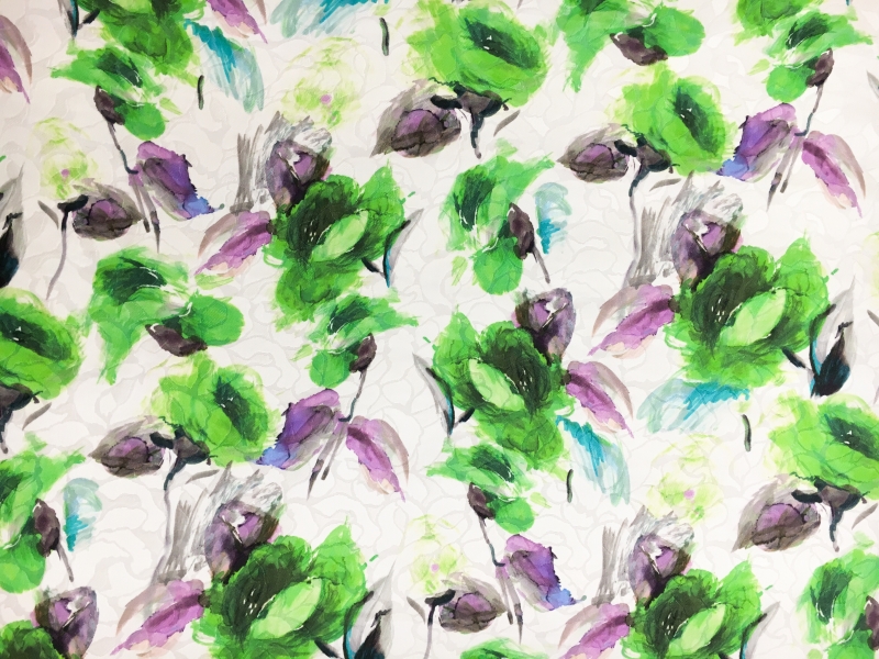 Silk and Cotton Blend Jacquard with Abstract Watercolor Lime Green Roses 0