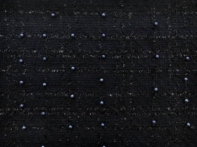 Italian Cotton Blend Tweed with Pearls in Navy0