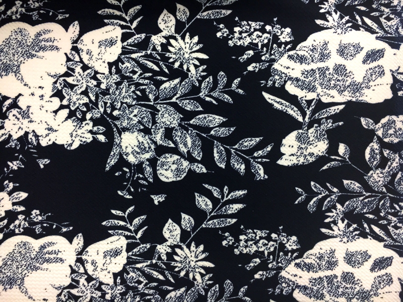 Polyester Spandex Piqué Floral Knit in Navy and Ecru0
