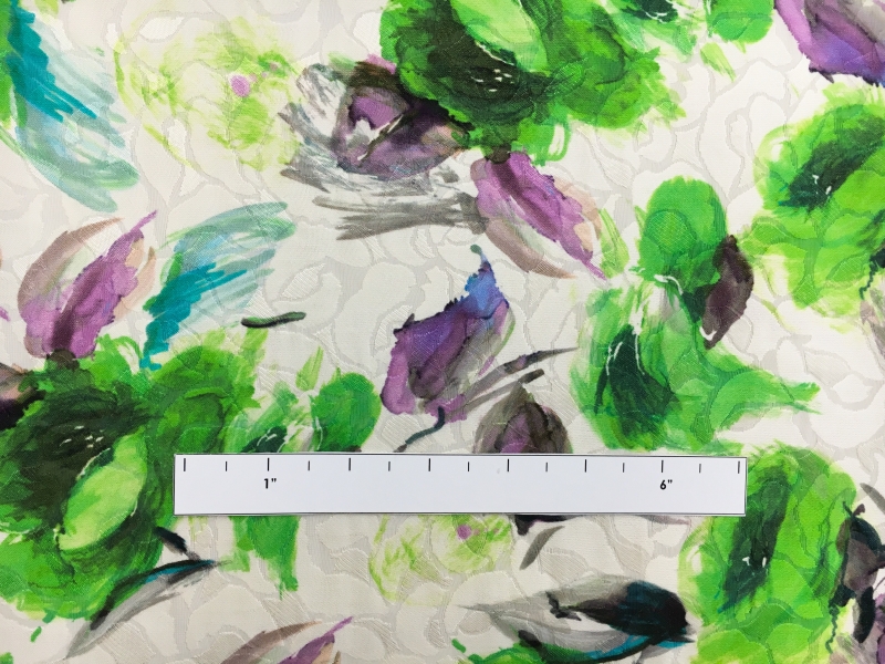 Silk and Cotton Blend Jacquard with Abstract Watercolor Lime Green Roses 1