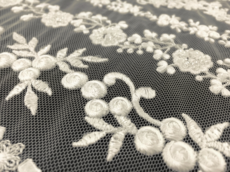 Beaded and Embroidered Tulle with Rows of Detailed Florals in Ivory2