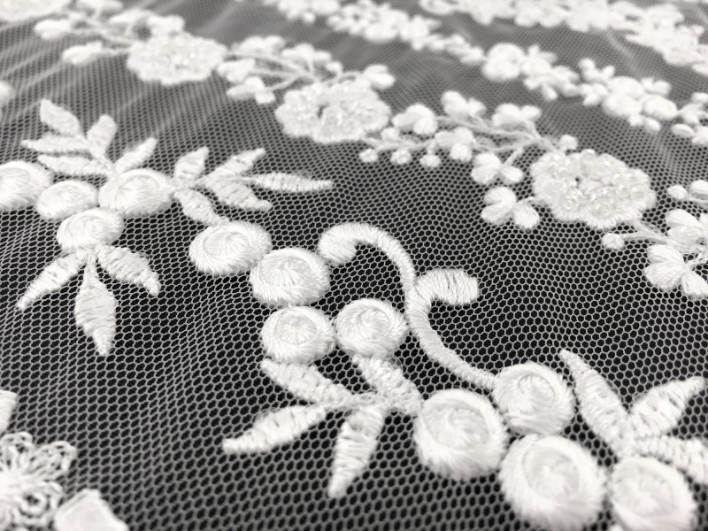 Beaded and Embroidered Tulle with Rows of Detailed Florals in White2