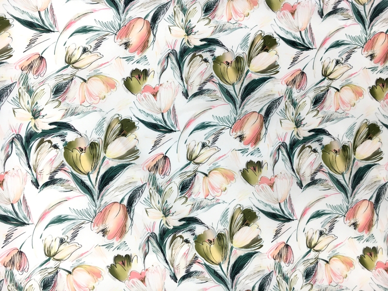 Printed Silk Gazar with Artistic Sketch Tulips0