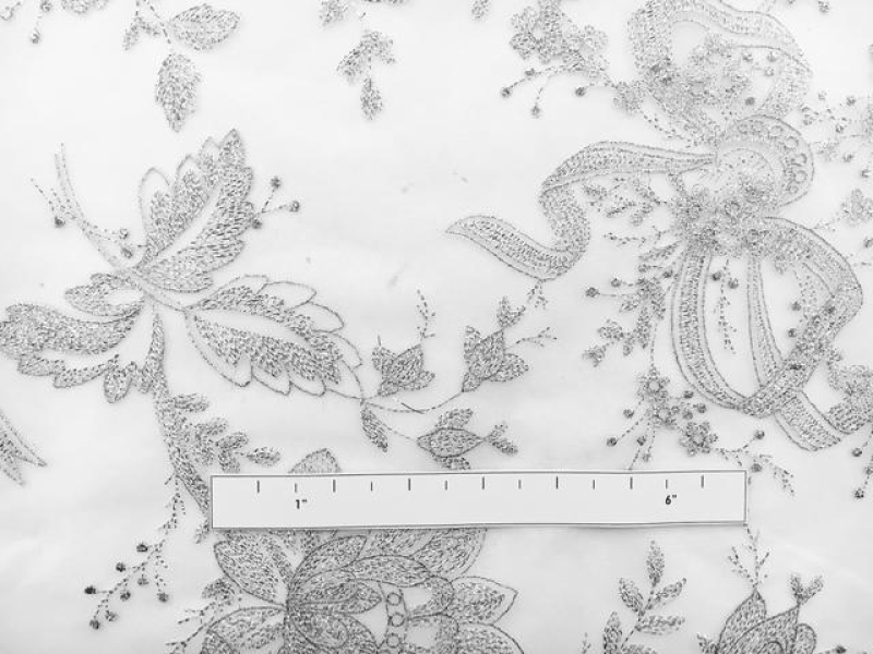 Jakob Schlaepfer Metallic Embroidered Tulle with Florals and Ribbons in Silver2