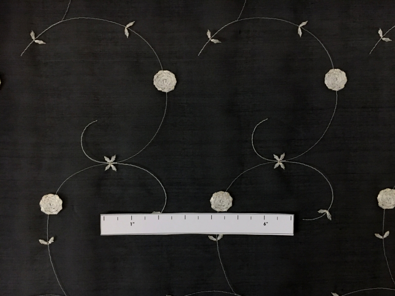 Black Silk Organza Embroidered with Small Round Flowers2