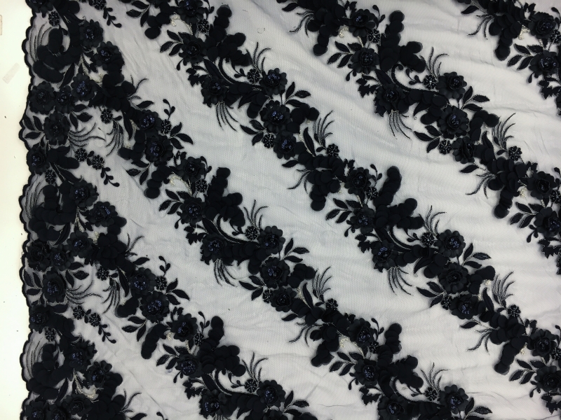 Beaded Flower Appliqués in Diagonal Rows on Embroidered Tulle0