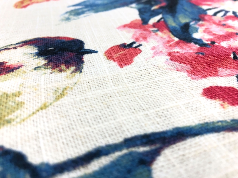 Linen Viscose Floral Birds Upholstery Print in Blueberry2