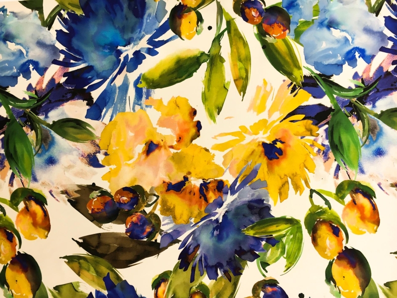 Printed Polyester Mikado with Watercolor Flowers and Fruits0