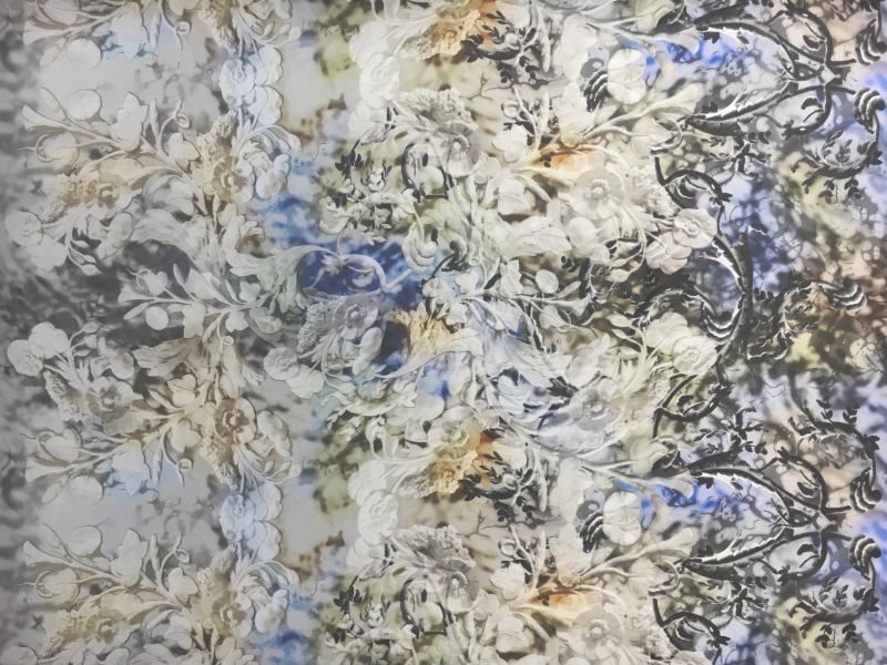 Printed Silk Chiffon with Large Leaves and Filigree0