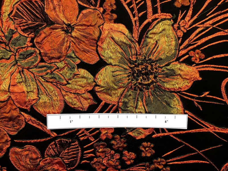 Silk Blend Metallic Cloqué Panel with Florals and Large Leaves1