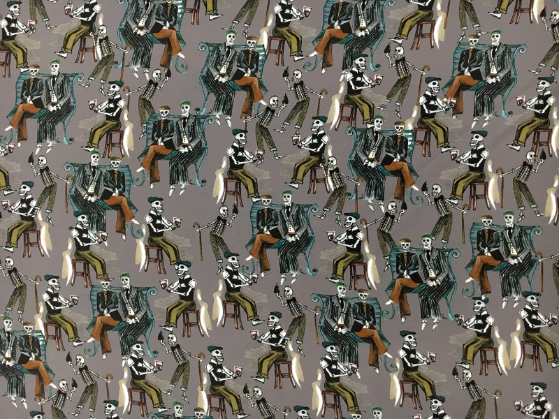 Designer Printed Silk Crepe de Chine with Skeletons0