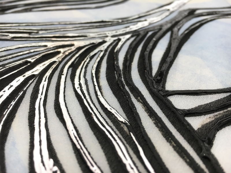 Abstract Leaf Hand Painted Silk Organza with Black Lacquer and Silver Metallic Paint2