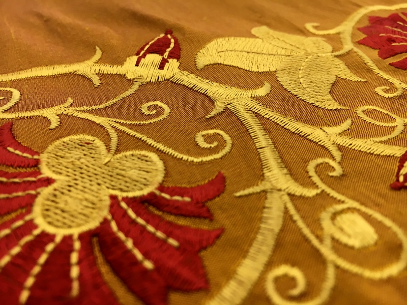 Iridescent Silk Shantung with Embroidered Rows of Vines2