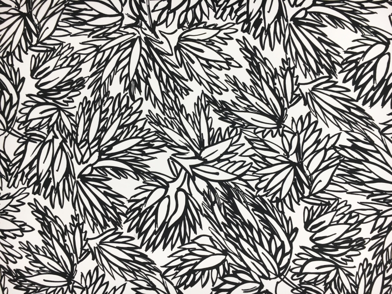 Printed Silk Gazar with Sketched Black and White Leaves0