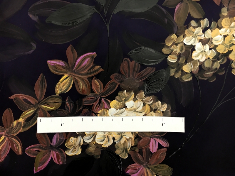 Iridescent Purple and Black Silk Taffeta Panel with Handpainted Flowers1