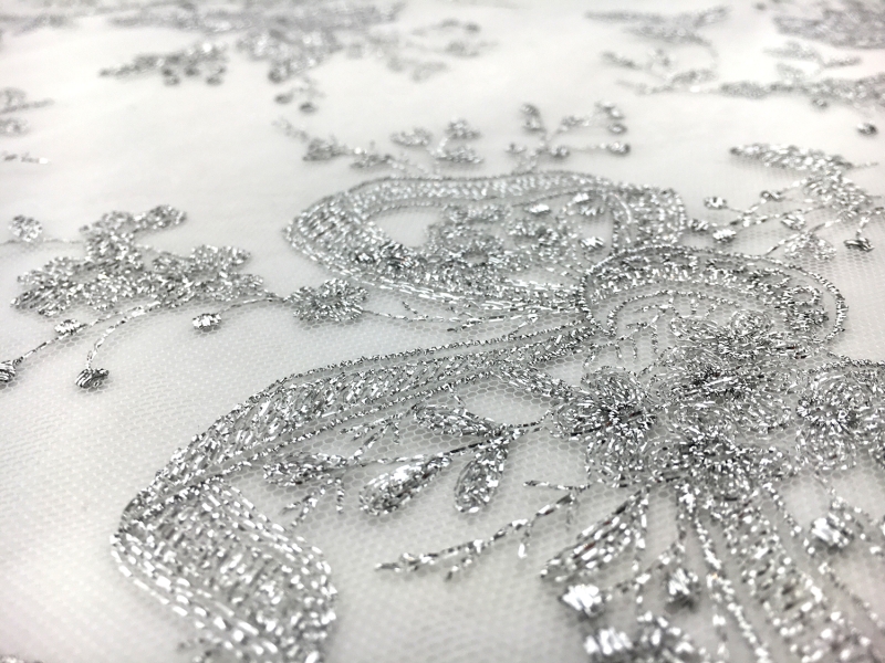 Jakob Schlaepfer Metallic Embroidered Tulle with Florals and Ribbons in Silver1