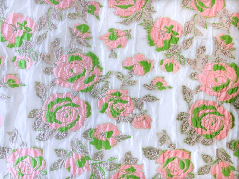 Silk Blend Metallic Fil Coupé Organza with Bright Roses0