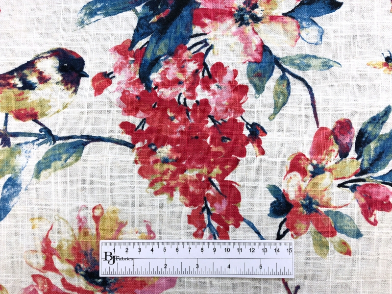 Linen Viscose Floral Birds Upholstery Print in Blueberry3