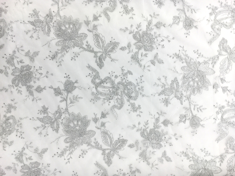 Jakob Schlaepfer Metallic Embroidered Tulle with Florals and Ribbons in Silver0