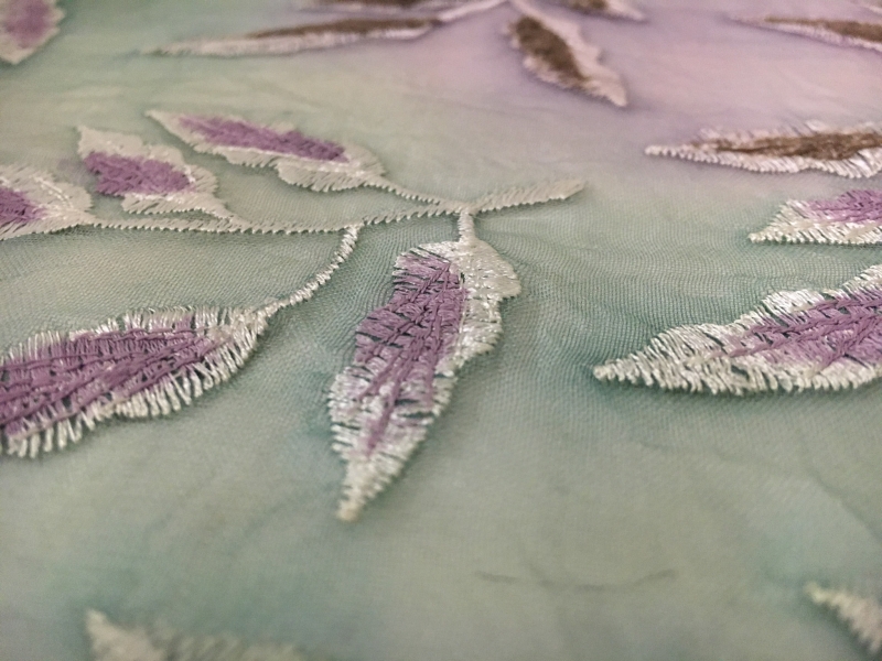 Crinkled Tie Dyed Silk Organza Embroidered with Leaves2
