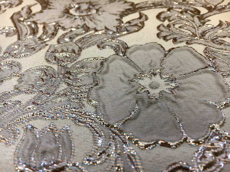 Silk Blend Metallic Cloqué Brocade with Rococo Floral Patterns2