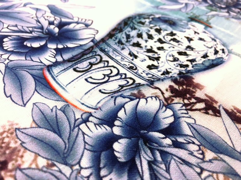 Linen Handkerchief Print with China Vases and Flowers 2