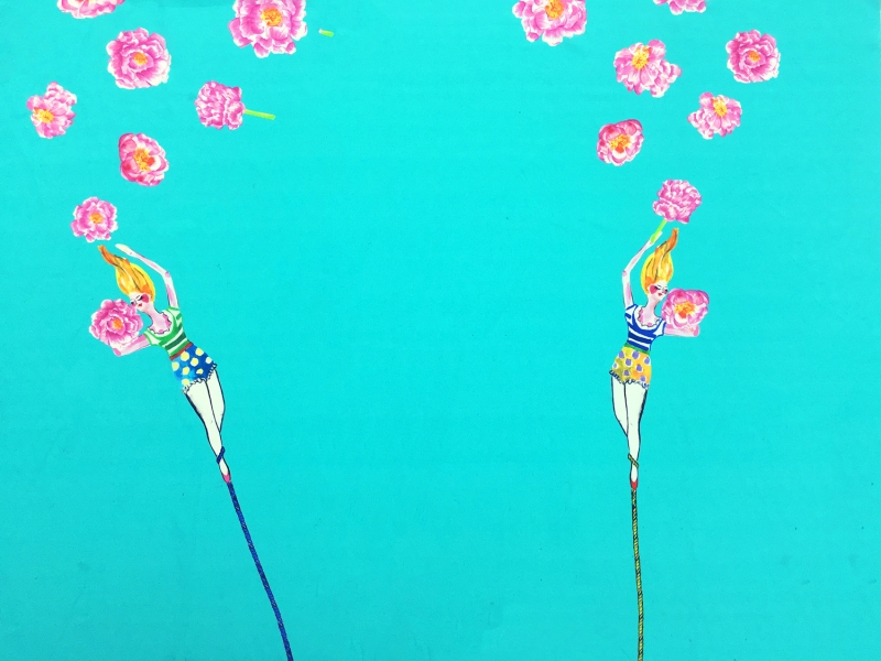 Italian Silk Double Crepe With Lady Acrobats And Flowers0