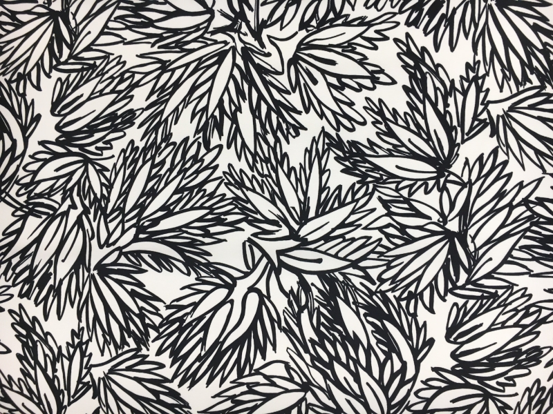 Printed Cotton Viscose Faille with Sketched Black and White Leaves0