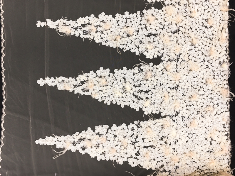 Beaded and Embroidered Tulle with Appliqued Flowers and Feathers in Triangle Patterns0