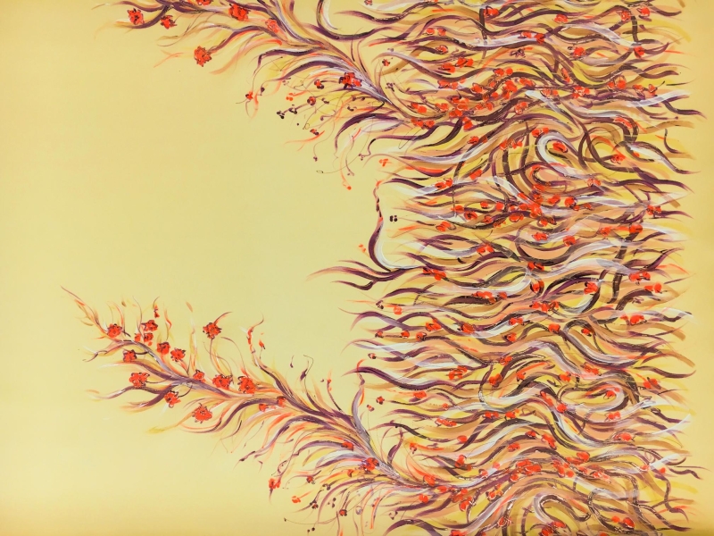 Hand Painted Silk Gazar with Leaves and Small Flowers0