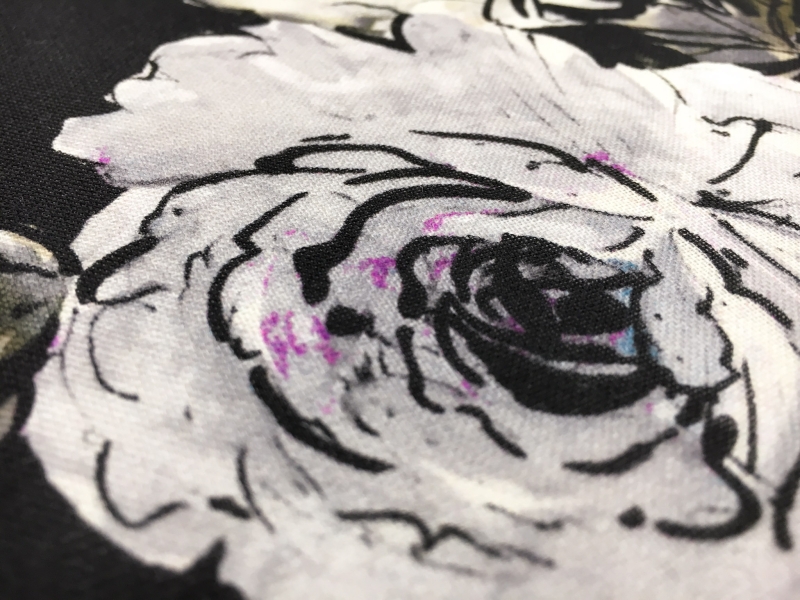 Printed Silk Gazar with Ink Drawn and Watercolor Flowers2