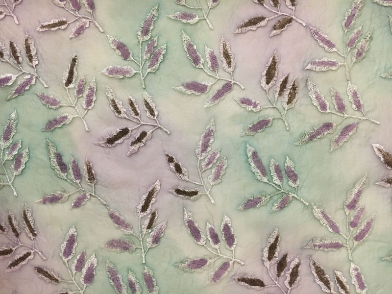 Crinkled Tie Dyed Silk Organza Embroidered with Leaves0