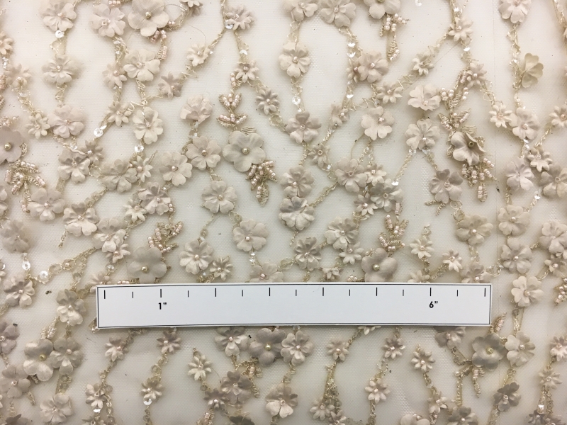 Beaded Tulle with Small Floral Appliques in Sand1