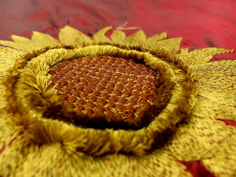 Embroidered Iridescent Silk Shantung with 3D Sunflowers2