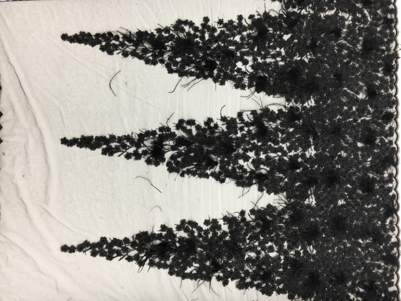 Beaded and Embroidered Tulle with Appliqued Flowers and Feathers in Triangle Patterns0