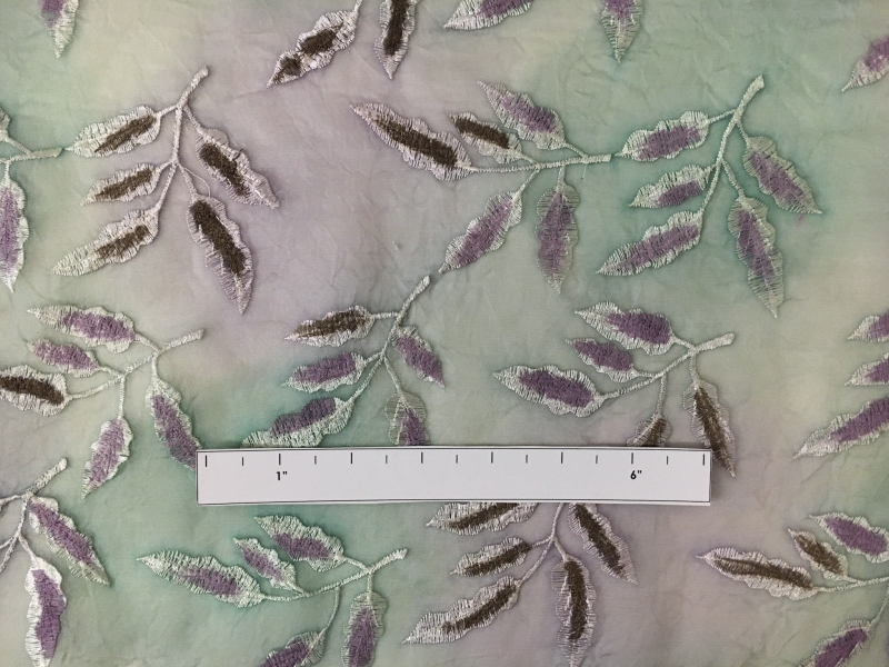 Crinkled Tie Dyed Silk Organza Embroidered with Leaves1