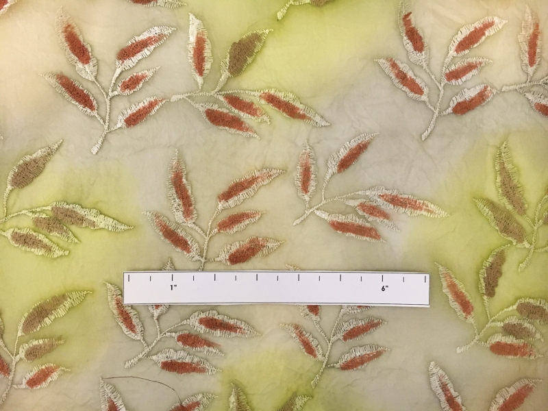Crinkled Tie Dyed Silk Organza Embroidered with Leaves1