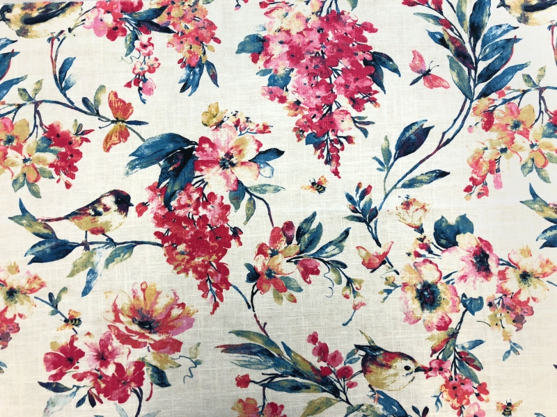 Linen Viscose Floral Birds Upholstery Print in Blueberry0