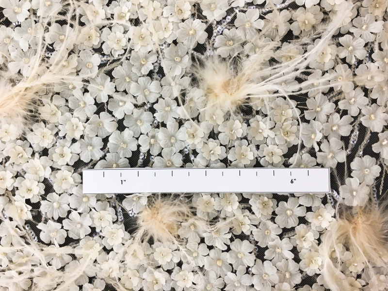 Beaded and Embroidered Tulle with Appliqued Flowers and Feathers in Triangle Patterns1