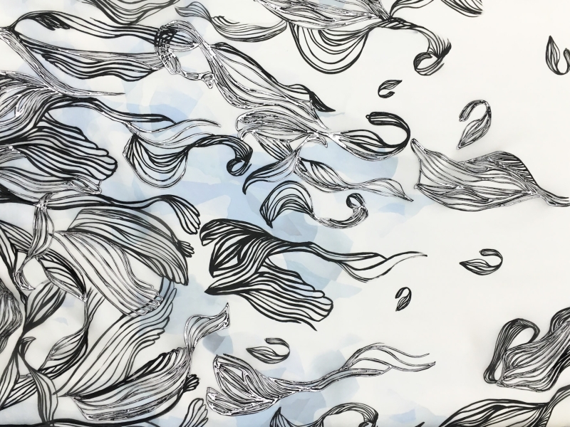 Abstract Leaf Hand Painted Silk Organza with Black Lacquer and Silver Metallic Paint0