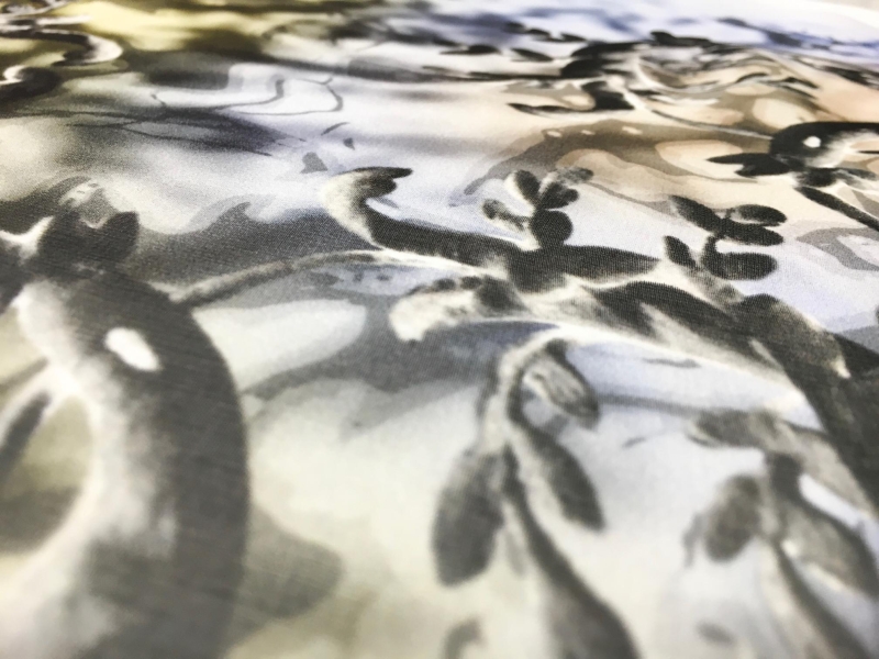 Printed Silk Chiffon with Large Leaves and Filigree4